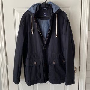 GAP mens, chambray lined jacket with detachable hood. XL